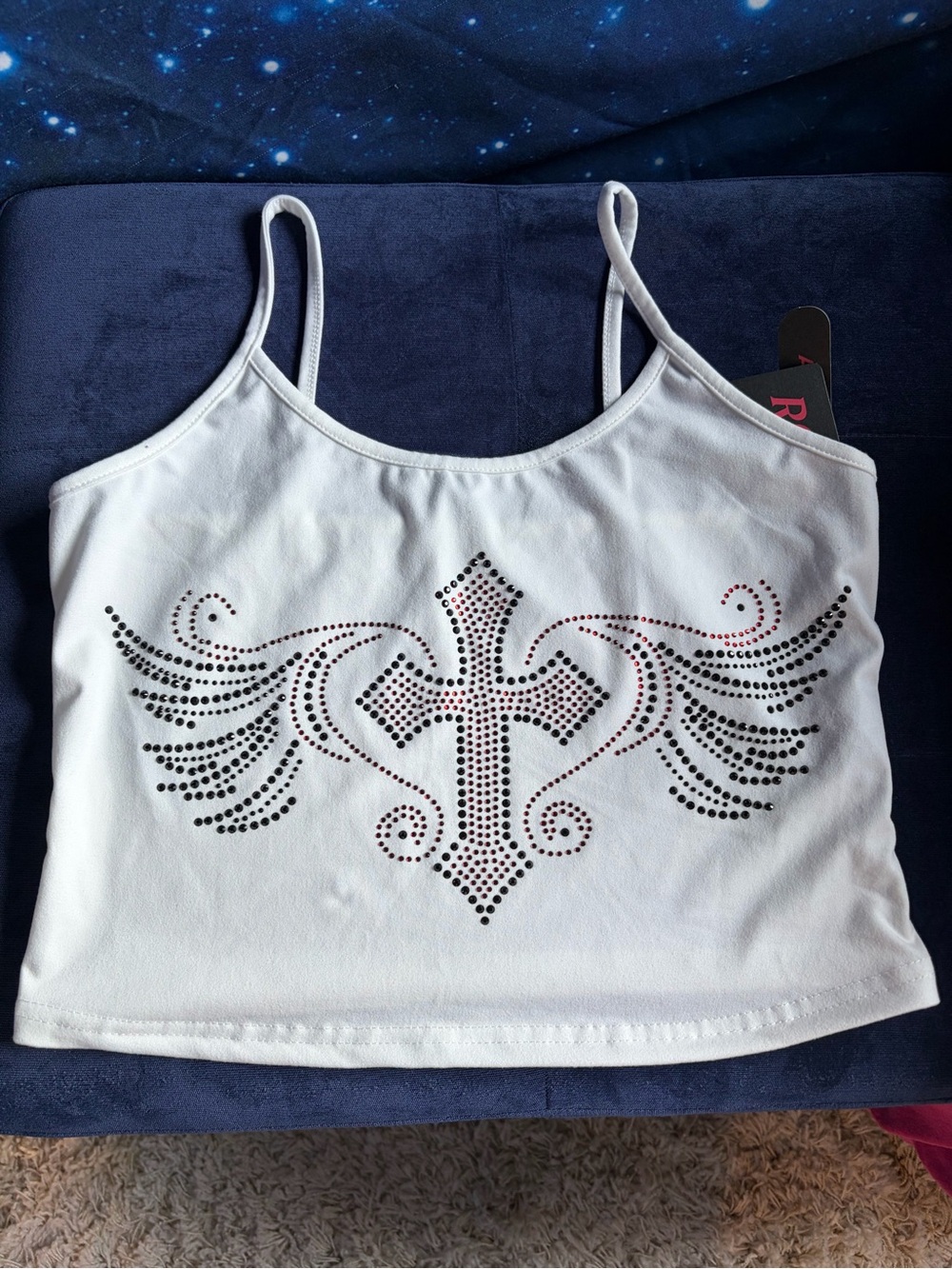 White Rhinestone Cross Wing Cami Tank Top